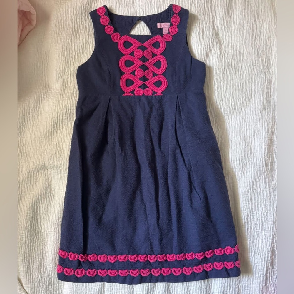 Lilly Pulitzer Navy Dress with Pink Embroidered Trim